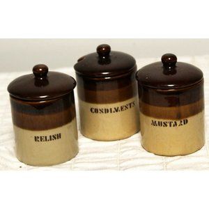 1960s 3 Brown Dip Tan Condiment Jar Lid Stoneware Crock Mustard Relish BBQ Party